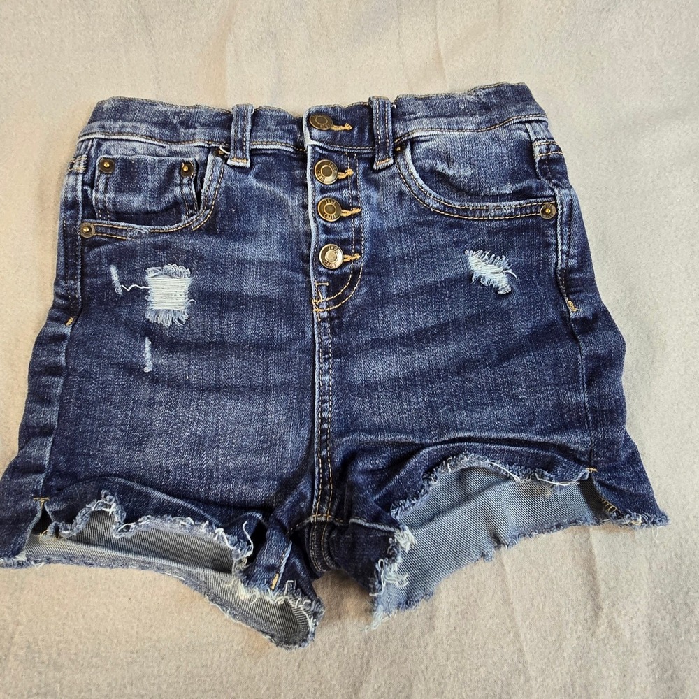 True Craft Girls Size 12 High Waisted Button Fly Distressed Denim Shorts Cut Off